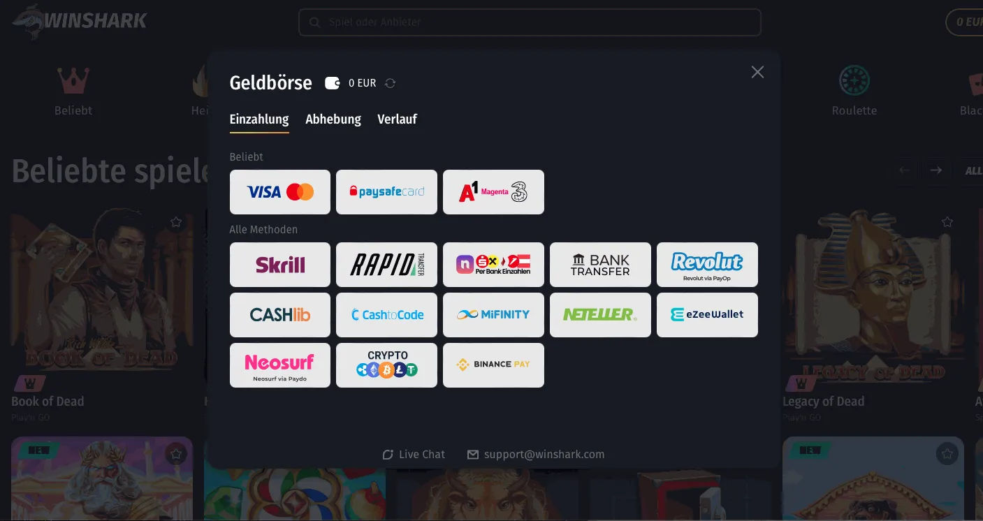 Winshark bietet schnelle Auszahlungen und garantiert ein sicheres und spannendes Spielerlebnis, unterstützt durch einen 24/7-Kundendienst und eine benutzerfreundliche, mehrsprachige Oberfläche.