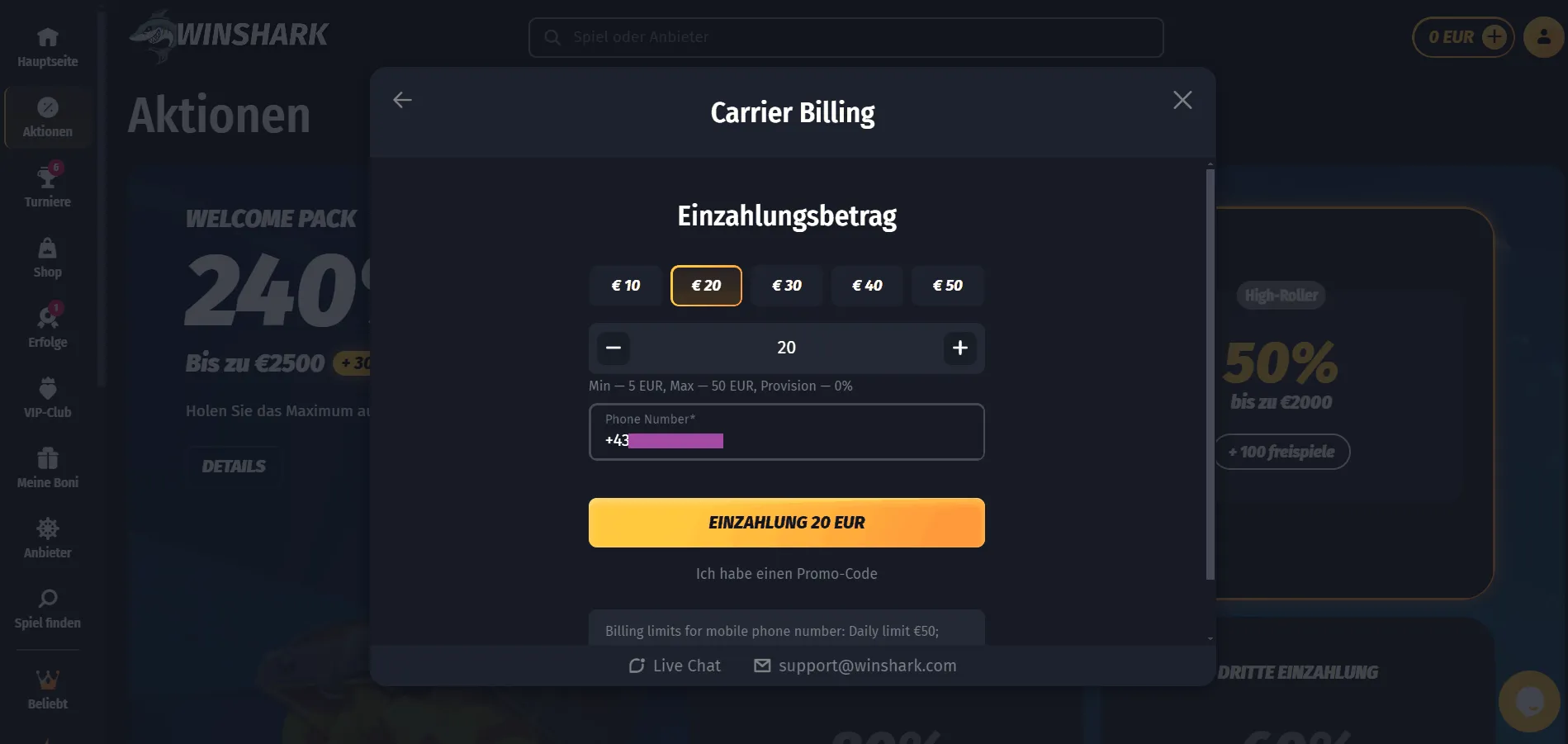 Winshark ermöglicht Ihnen das Bezahlen mit A1. Im Zahlungsbereich sehen Sie, dass die Limits bei 5-50 € pro Tag und 300 € pro Monat liegen, während die Casinogebühren 0% betragen.