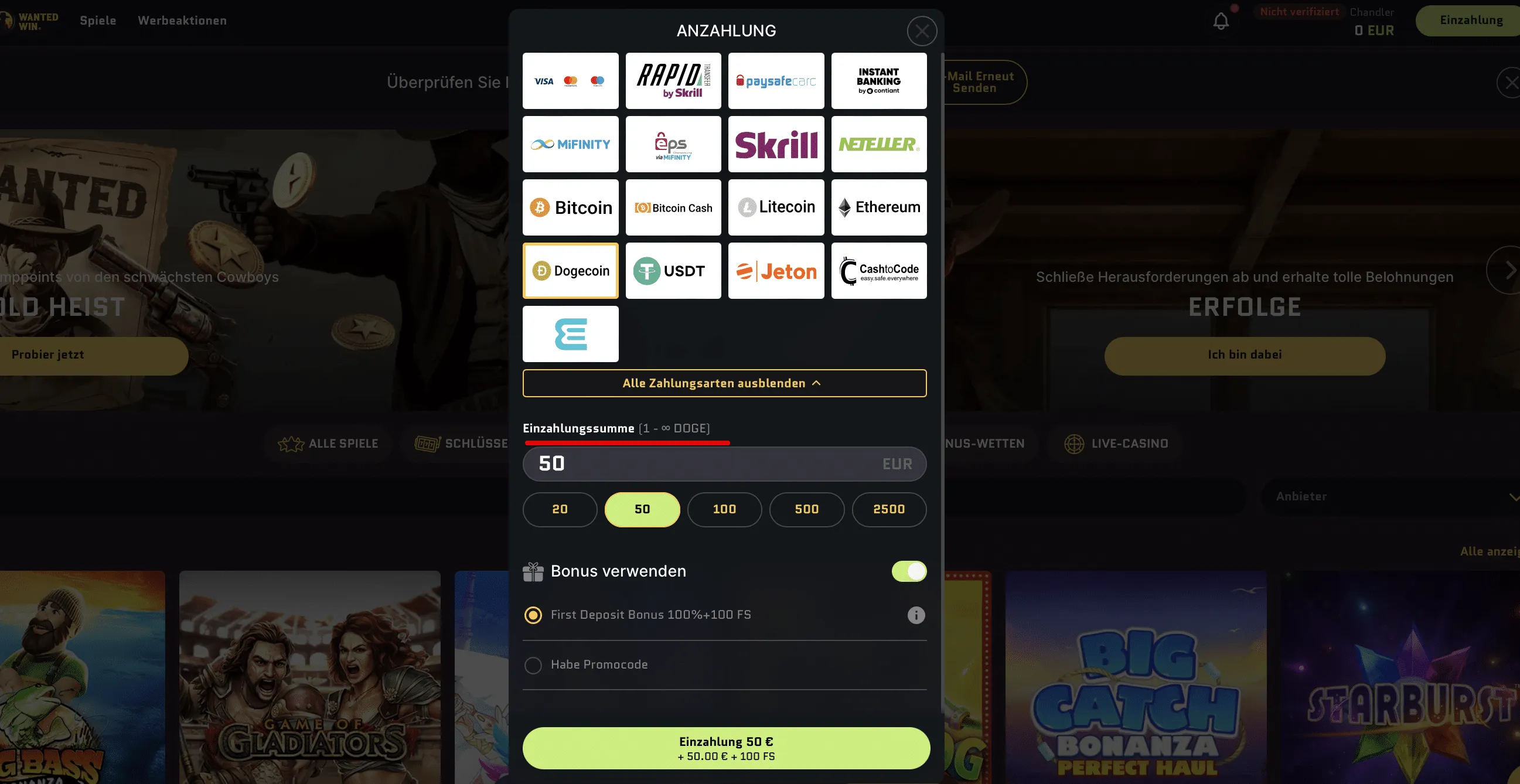 Umfangreiche Spielauswahl, darunter Slots, Tischspiele und Live-Casino-Angebote.
