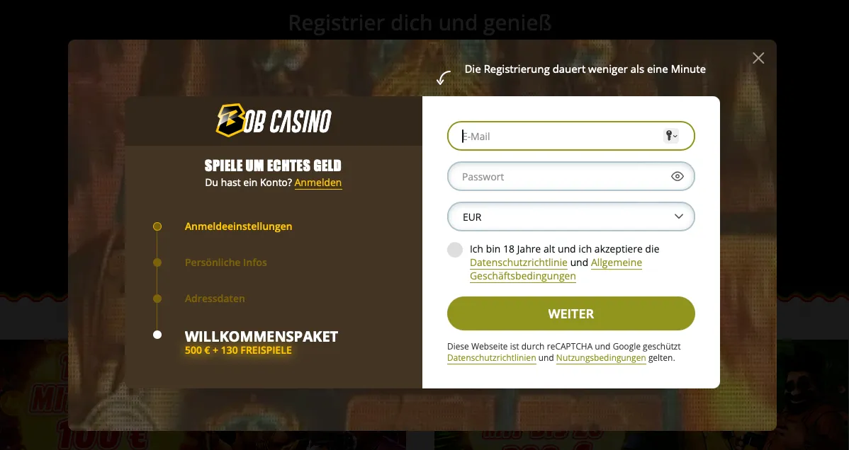 Besuchen Sie die Website von Bob Casino und klicken Sie auf \