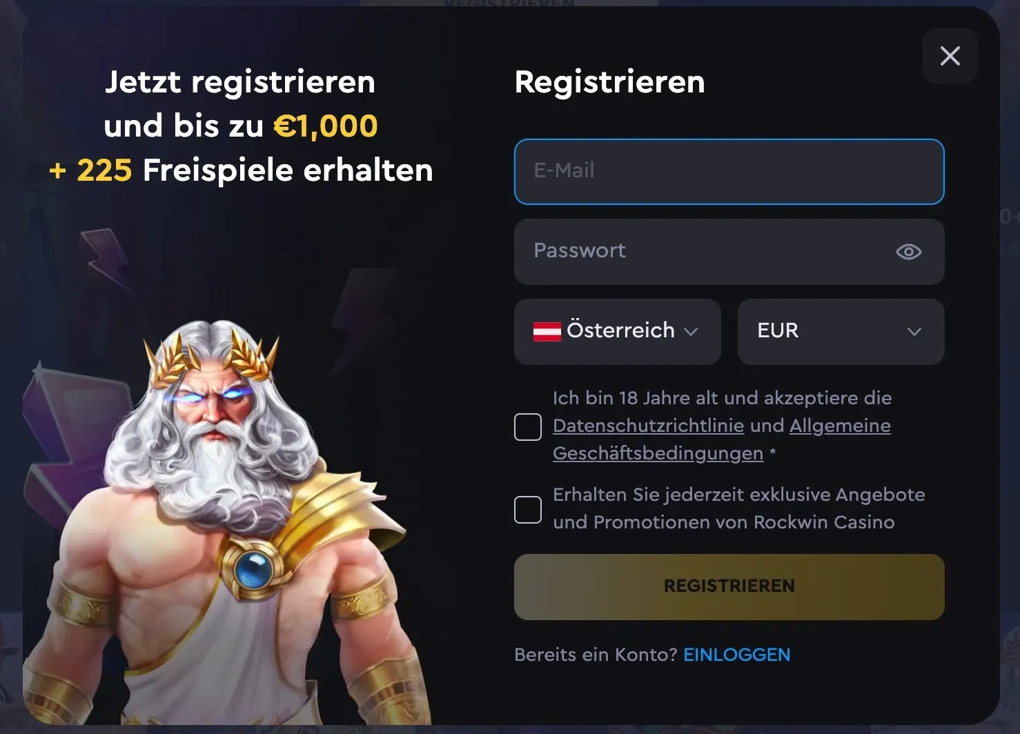 Bestätigen Sie, dass Sie mindestens 18 Jahre alt sind und akzeptieren Sie die allgemeinen Geschäftsbedingungen sowie die Datenschutzrichtlinien.