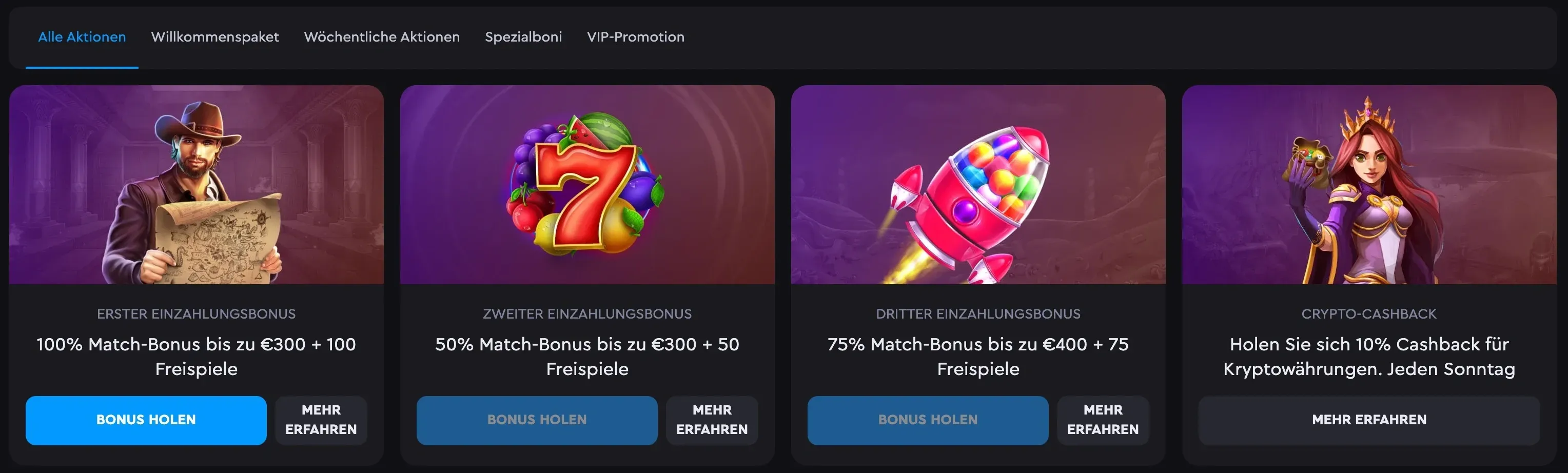Darüber hinaus gibt es spannende Turniere und ein VIP-Programm, das Mitgliedern besondere Vorzüge bietet. Lassen Sie uns einen Blick auf die einzelnen Boni werfen.