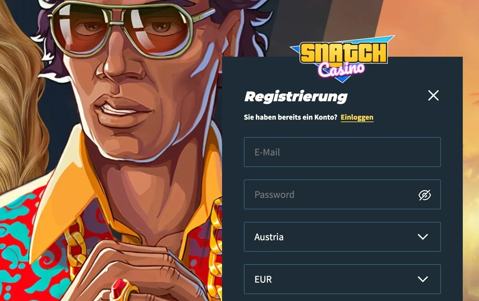 Um Erfahrungen im Snatch Casino zu sammeln, musst du dich zuerst registrieren. Klicke dafür oben rechts auf den Button \