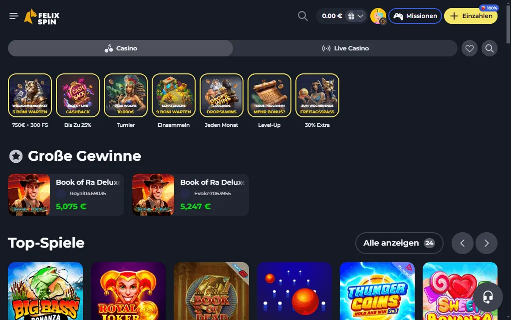 Eine Übersicht über den Spielkatalog auf der Felixspin-Online-Casino-Seite.