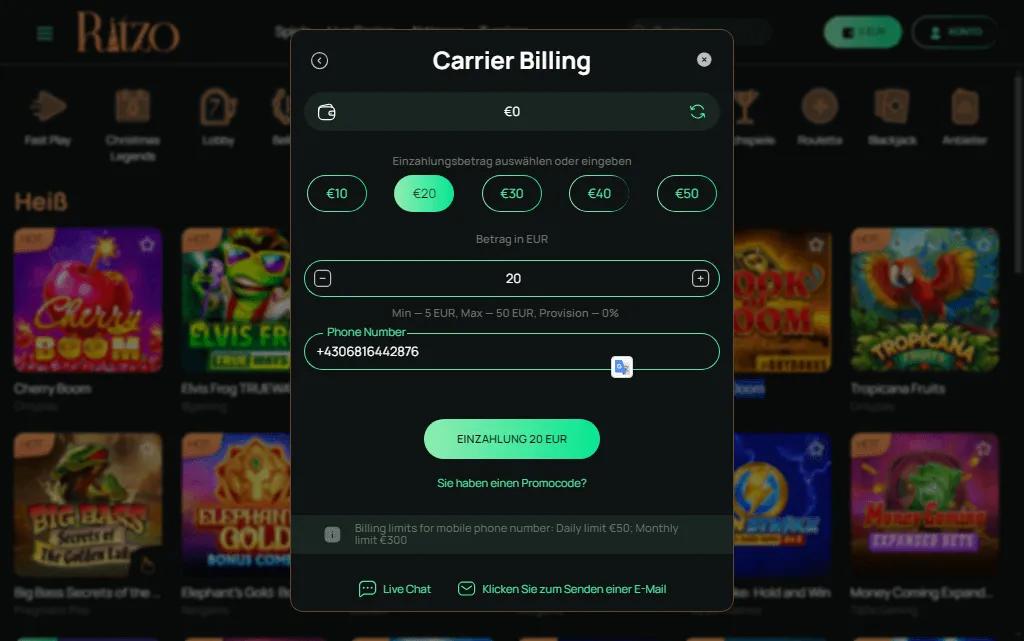 Die Einzahlungslimits bei A1 sind dieselben wie in jedem anderen Casino. Der minimal mögliche Betrag beträgt 5 €, maximal können 5 € pro Tag und 300 € pro Monat eingezahlt werden.