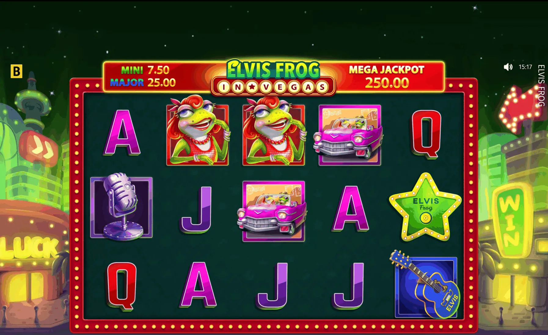 Die Walzen und Reihen des BGaming Slots Elvis Frog in Vegas