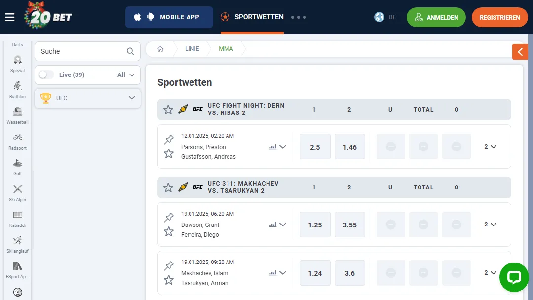 MMA-Wettmöglichkeiten auf der 20Bet-Plattform
