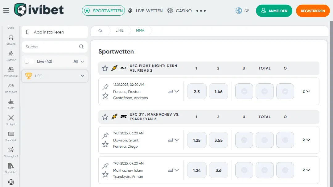 MMA Sportwetten Optionen bei Ivibet