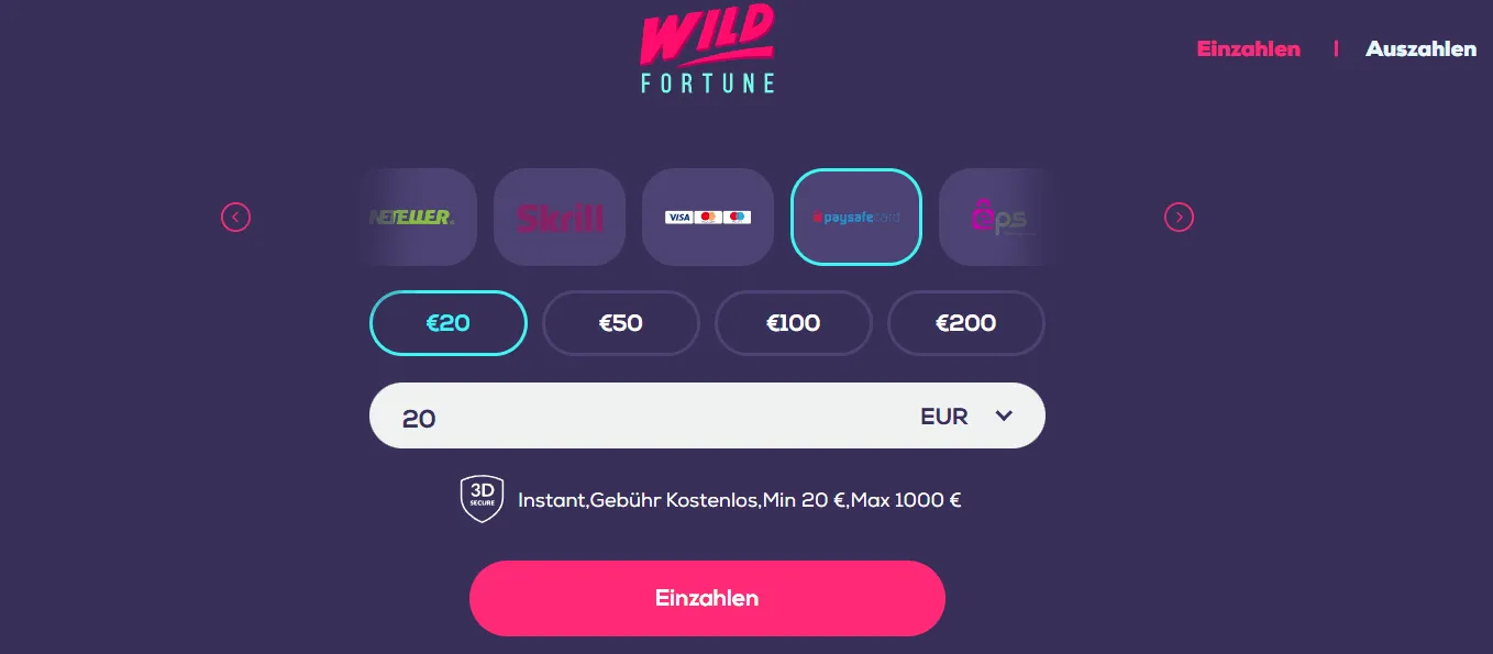 Optionen zur Zahlung und Einzahlungsalternativen im Wild Fortune Casino.