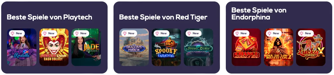 Die besten Spielautomaten von Playtech, RedTiger und Endorphinia im Wild Fortune Casino sind verfügbar.