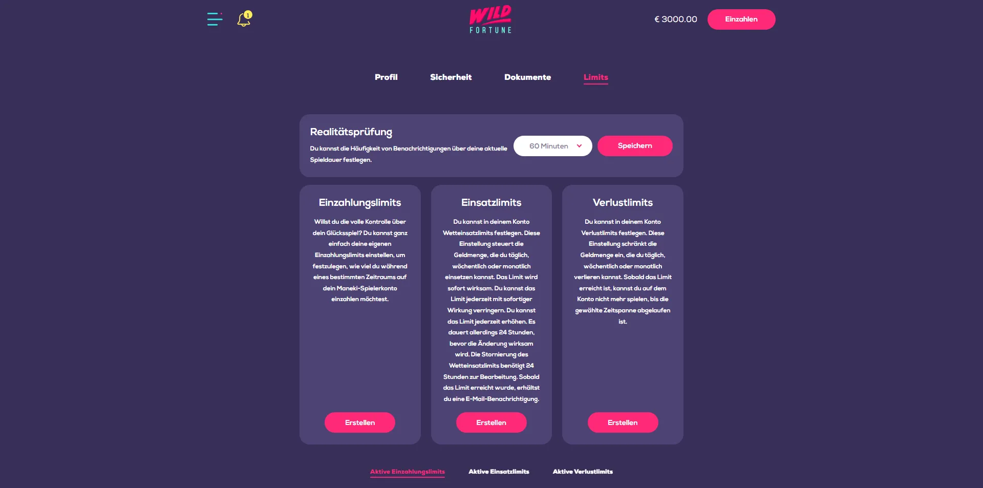 Unsere Eindrücke über das Wild Fortune Casino hinsichtlich verantwortungsvolles Spielen sind durchweg positiv. Nicht nur, dass es einen gut ausgestatteten Bereich zur Aufklärung über dieses Thema gibt, inklusive  <strong>Links zu Hilfsorganisationen für Spielsucht</strong> , auch  <strong>Limiteinstellungen</strong>  können im Kundenkonto des Online Casinos vorgenommen werden.