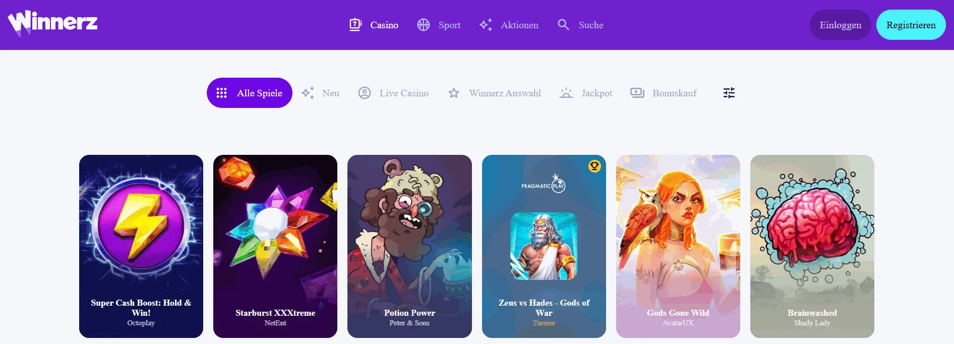 Winnerz Casino bietet einen Lobby-Bereich mit blitzschnellen Auszahlungen.